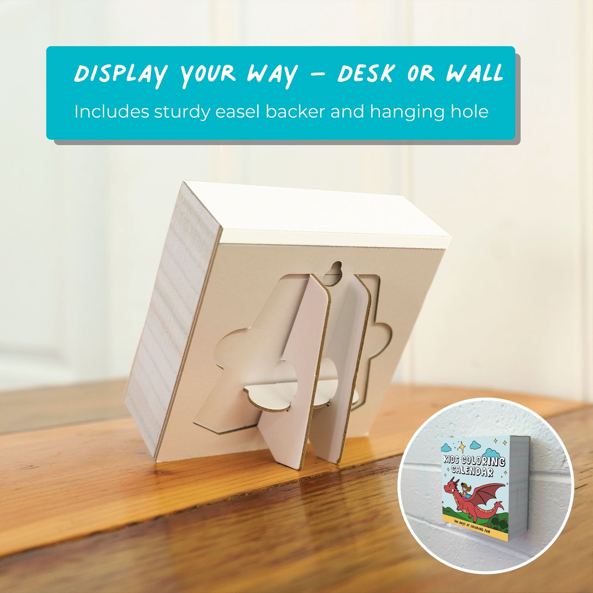 Back view of Charlie's Treasures Kids Coloring Calendar shows a small board with easel stand and hanging hole, ideal for mindful activities or daily reflection; inset displays the calendar hanging on a wall.