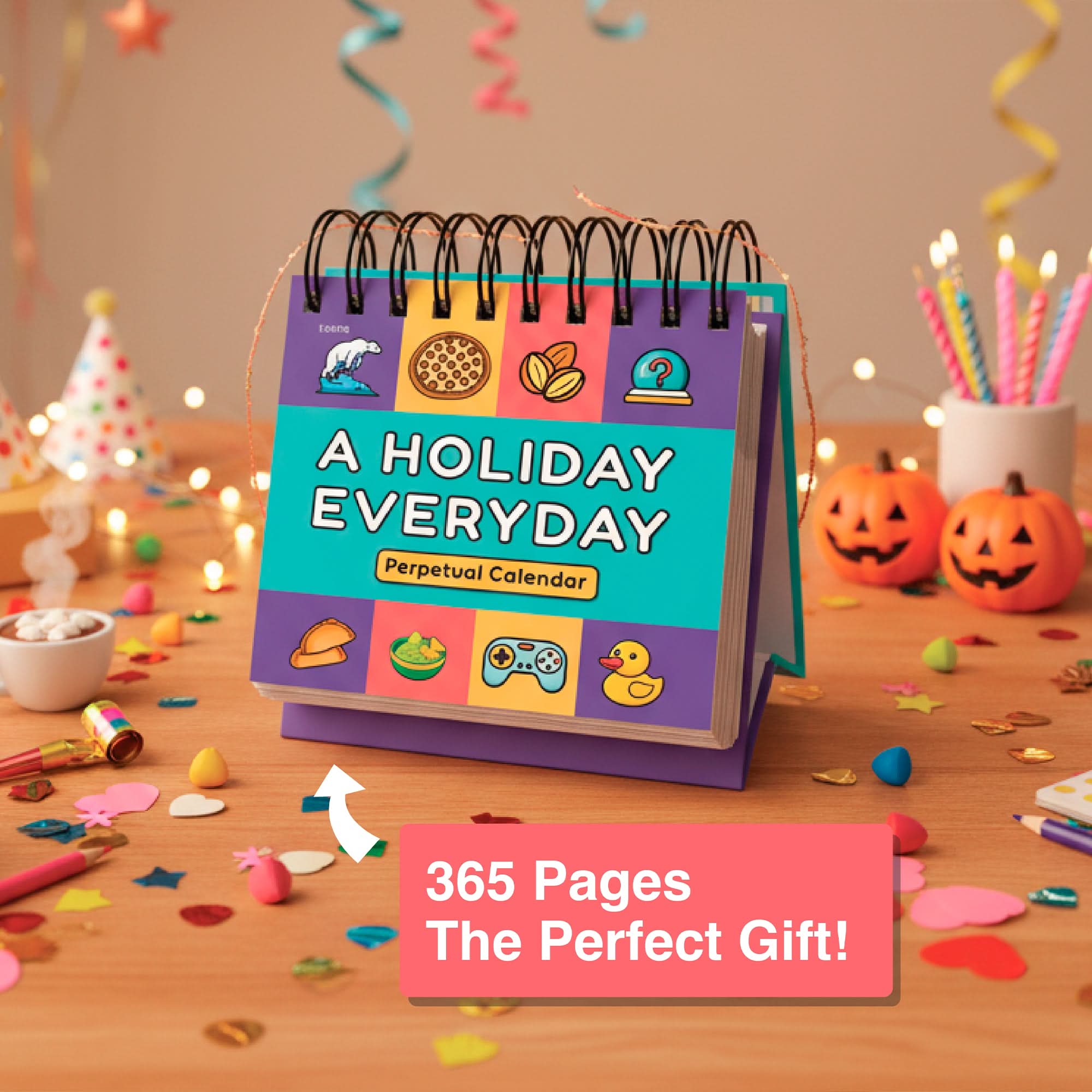 The A Holiday Everyday Perpetual Calendar by Eterna Goods adds color to a table decorated with confetti, snacks, and Halloween items for a fun daily celebration.