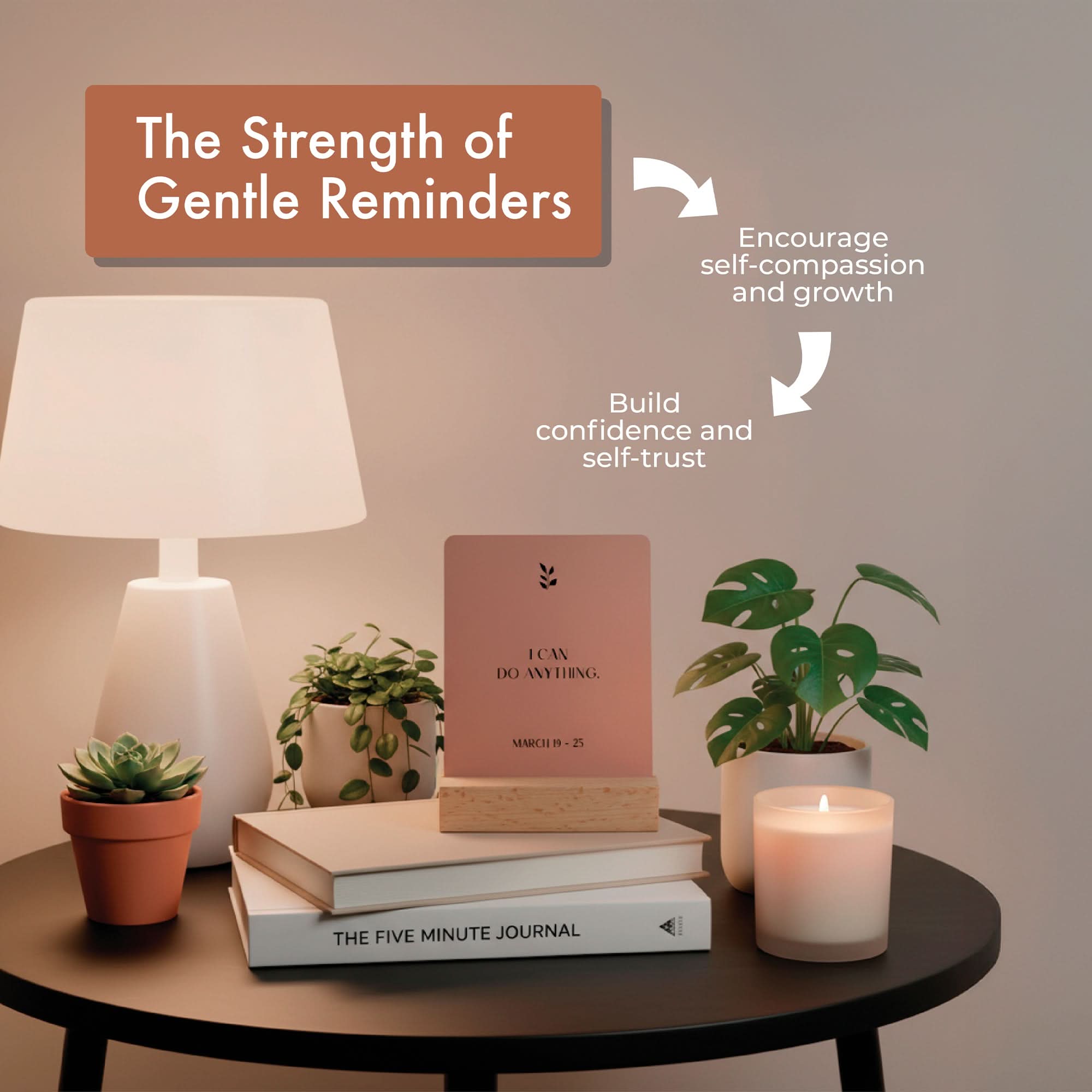 A lamp, potted plants, candle, and books sit on a round table; in the background, Eterna Goods' Positive Affirmation Cards Weekly Calendar—52 aesthetic motivational desk cards—adds a mindful self-care gift touch.