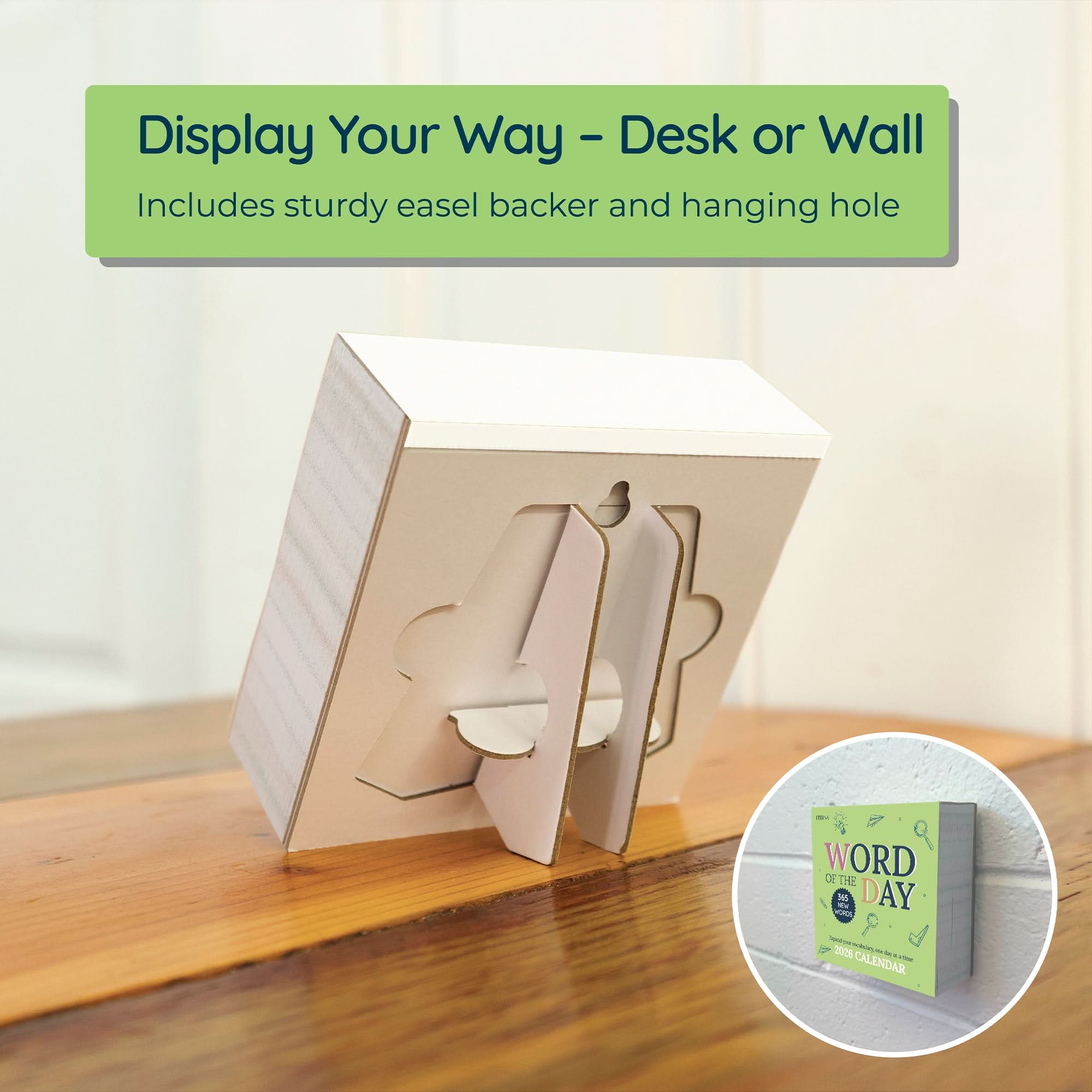 The Eterna Goods 2026 Word Of The Day Calendar features a sturdy easel backer for display, a hanging hole for wall mounting, and an inset of the cover—offering fun vocabulary building every day.