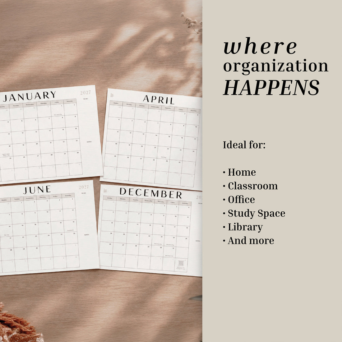 January, April, June and December pages of the 2027 flat desk calendar with ideal-use list