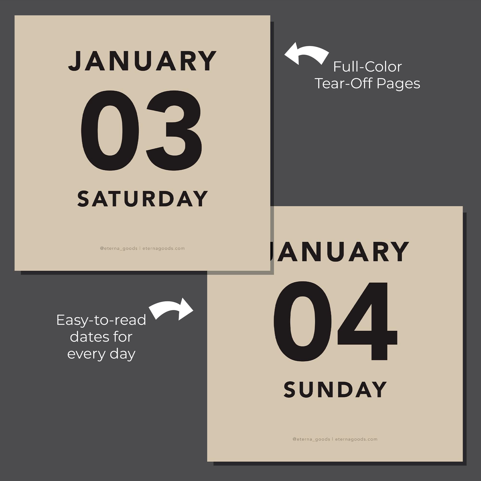 The Eterna Goods 2026 Large Text Calendar displays January 3 (Saturday) and January 4 (Sunday) with bold, colorful tear-off pages. Its large print is easy to read against a dark gray background, perfect for mindful planning.