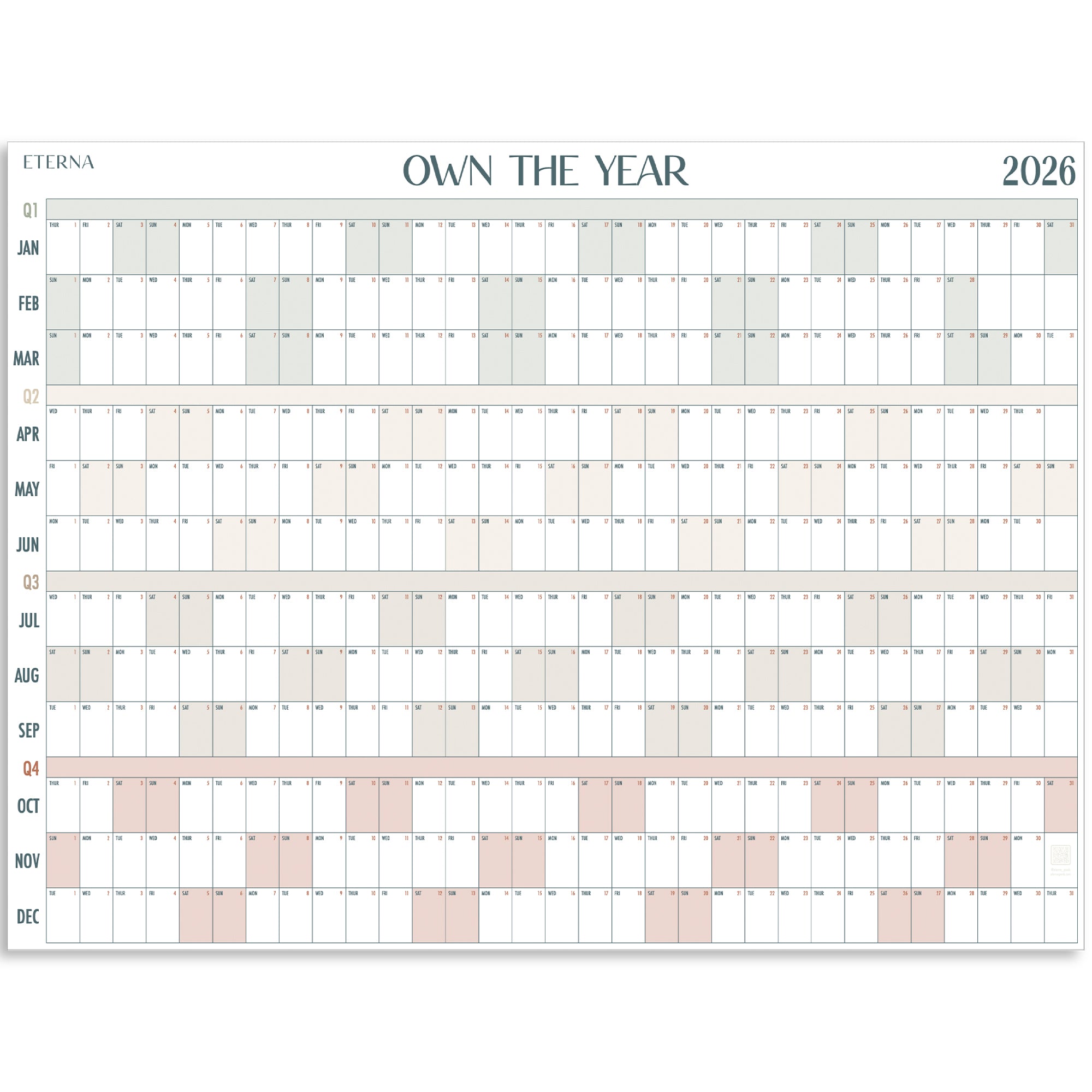 The Eterna Goods "Own the Year 2026" GIANT Dry Erase Wall Calendar (4ft x 3ft) displays all months vertically on the left and days in a grid. With its full-year layout, it’s ideal for easy planning and organizing.