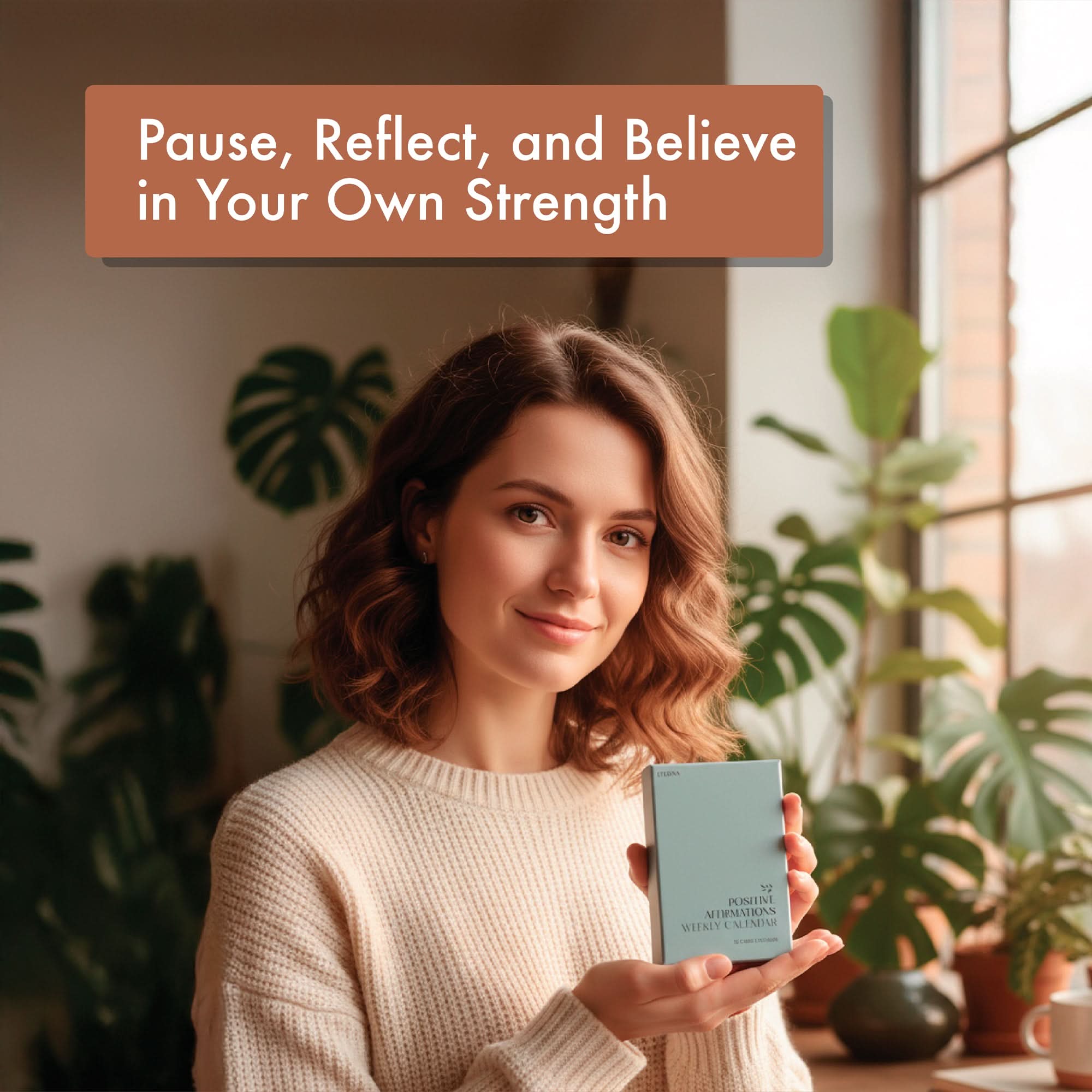 A woman sits indoors holding a blue book, surrounded by houseplants and the Eterna Goods Positive Affirmation Cards Weekly Calendar—52 aesthetic encouragement mindfulness desk cards—embracing self-care and positivity.