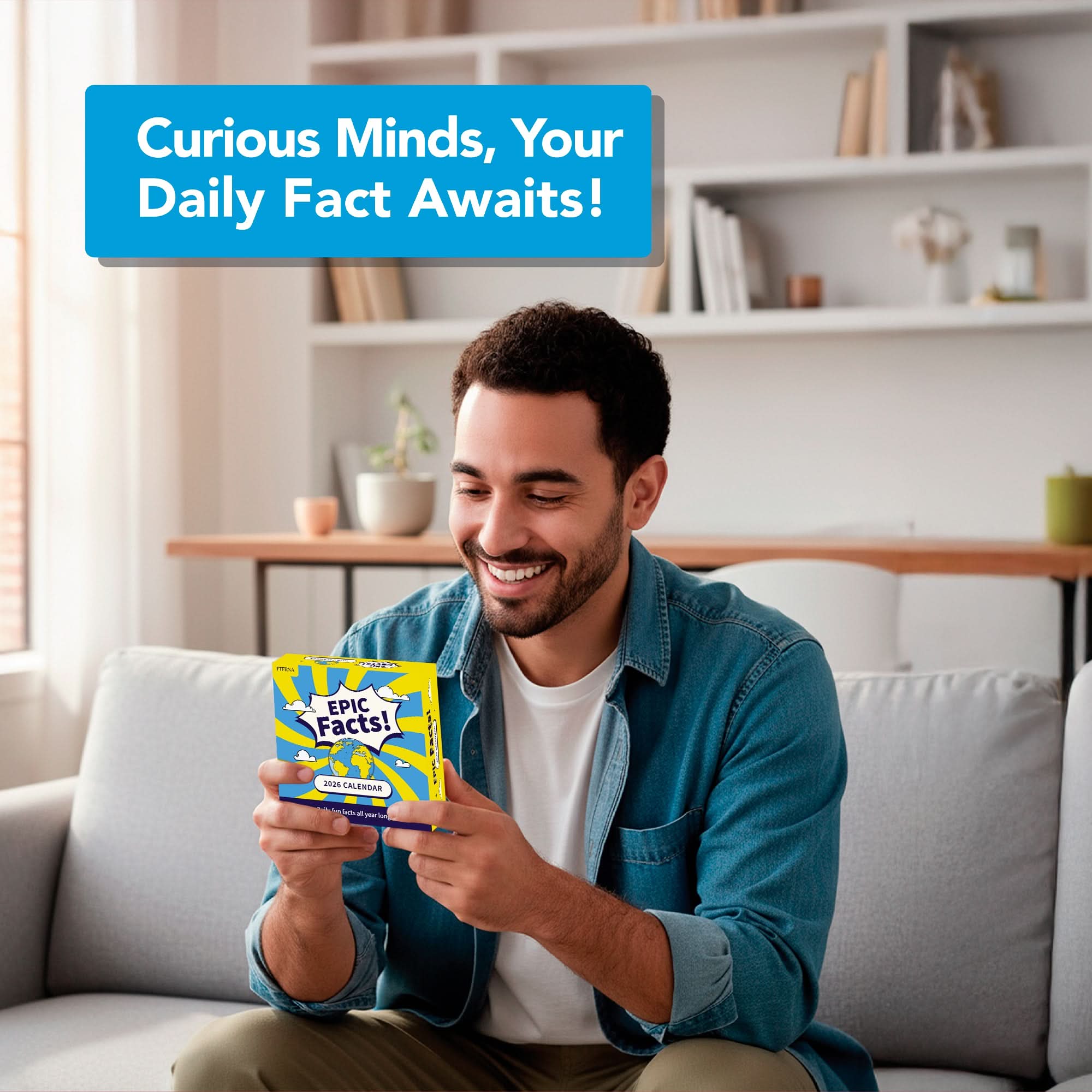 A man on a couch smiles while holding the Eterna Goods 2026 Epic Facts Calendar with tear-off pages, beneath a sign that says, "Curious Minds, Your Daily Fact Awaits!.