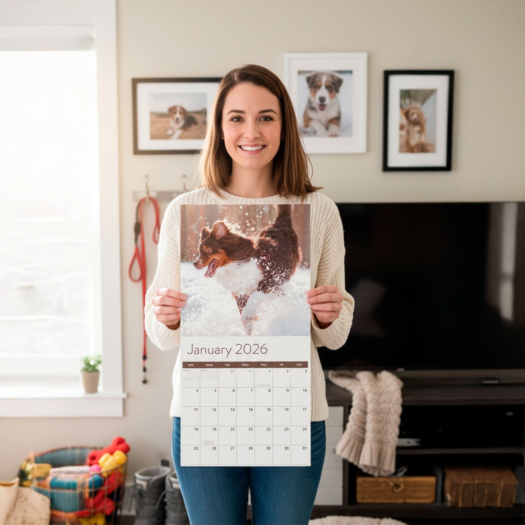 A woman stands indoors holding the 2026 Dogs Wall Calendar by Eterna Goods, which features a dog in the snow; framed dog photos decorate the wall behind her.