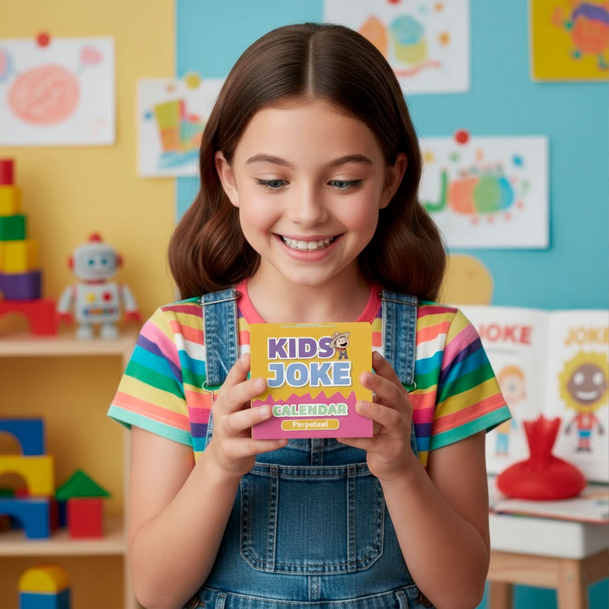 A smiling girl in a rainbow-striped shirt holds a "Perpetual Kids Jokes Calendar" by Charlie's Treasures—a fun desk calendar with daily jokes for kids—inside a vibrant classroom decorated with children's artwork and toys.
