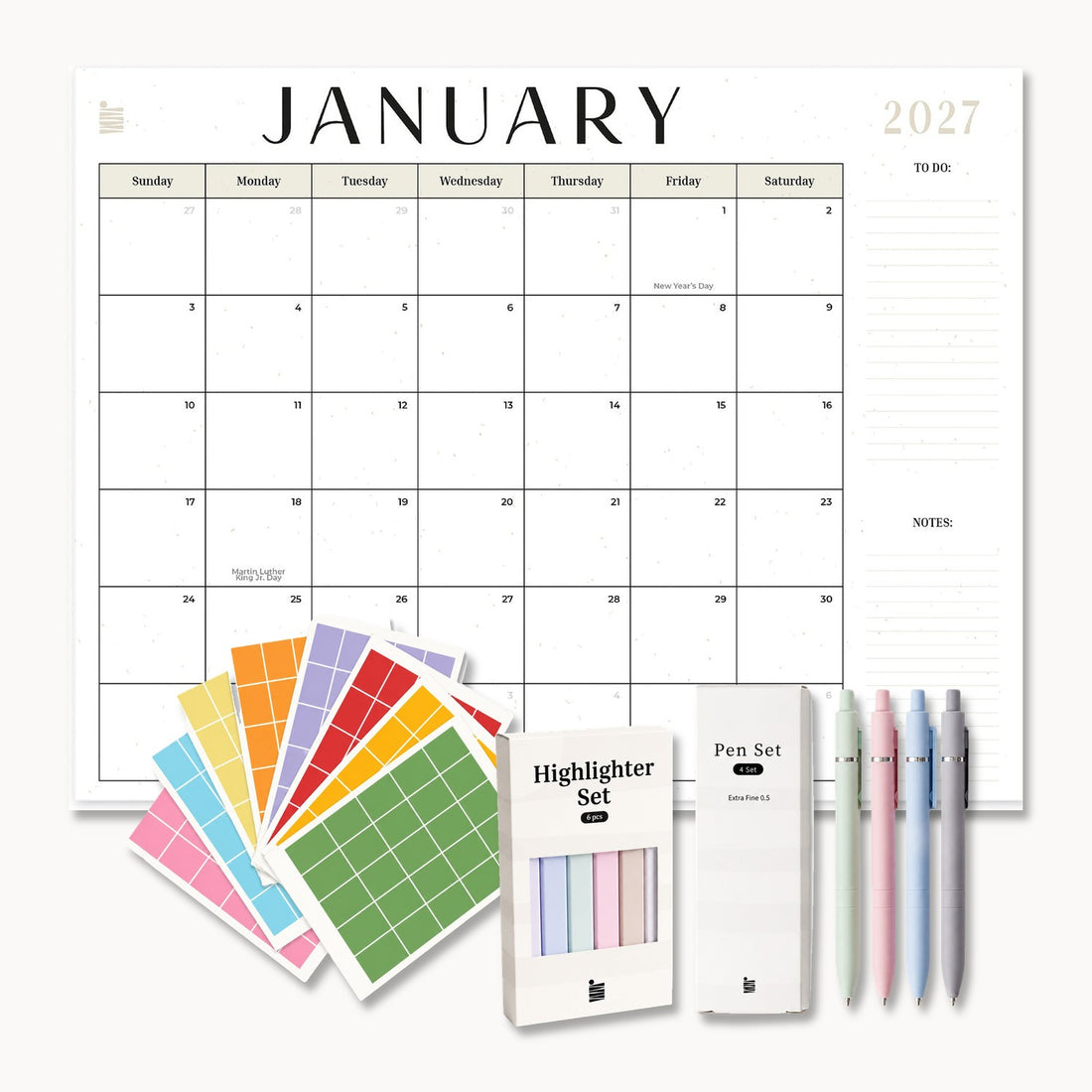 Ultimate 2027 Dated 12-Month Flat Desk Calendar Bundle by Eterna Goods: 22 x 17 in flat desk calendar with Planning Block Stickers, 6-piece Highlighter Set and 4-pen Extra Fine Ball Point Pen Set