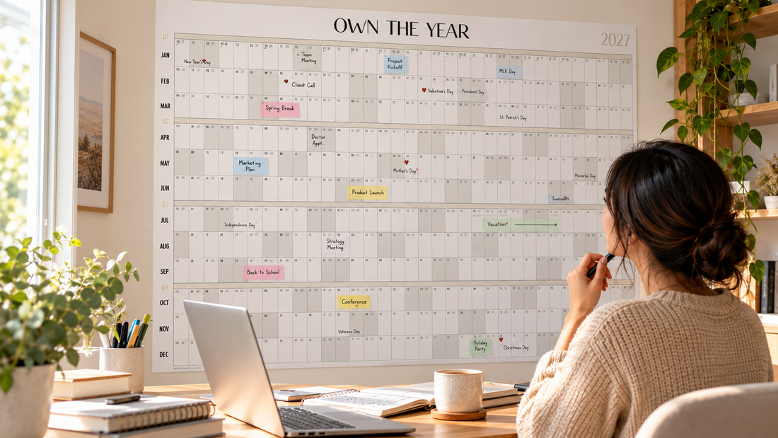 Woman reviewing plans on the 2027 Dated Own The Year giant wall calendar in a home office