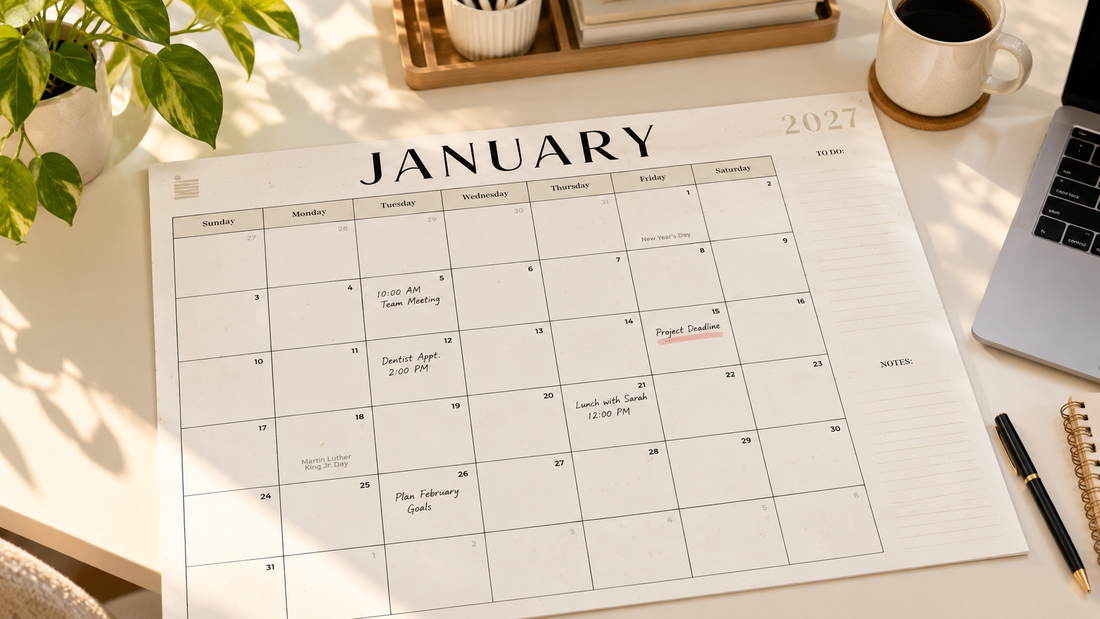 2027 flat desk calendar open to January on a bright desk