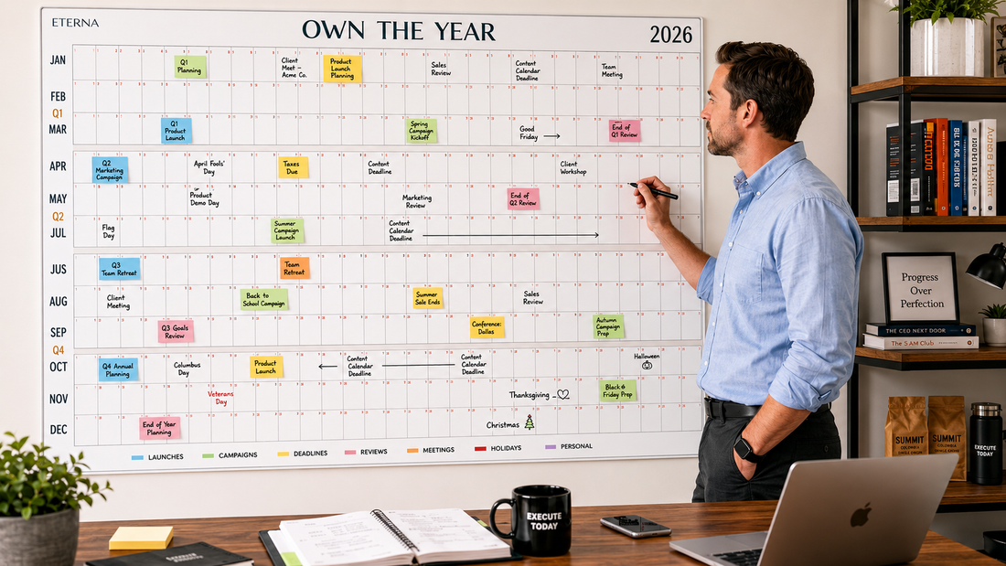 A small business owner standing in an office, reviewing a large wall calendar