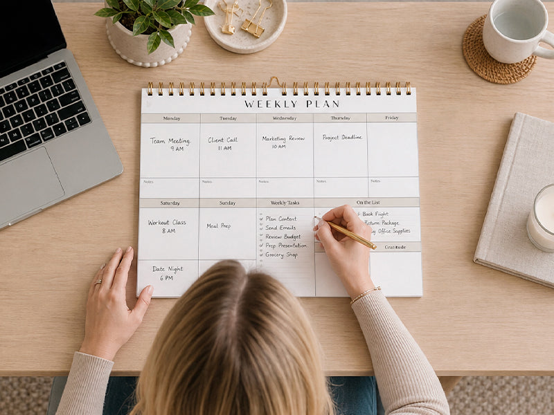 A person writes in a weekly planner on a wooden table beside a laptop, a plant, a cup of coffee, and a dish with snacks. The planner shows daily events and a checklist.