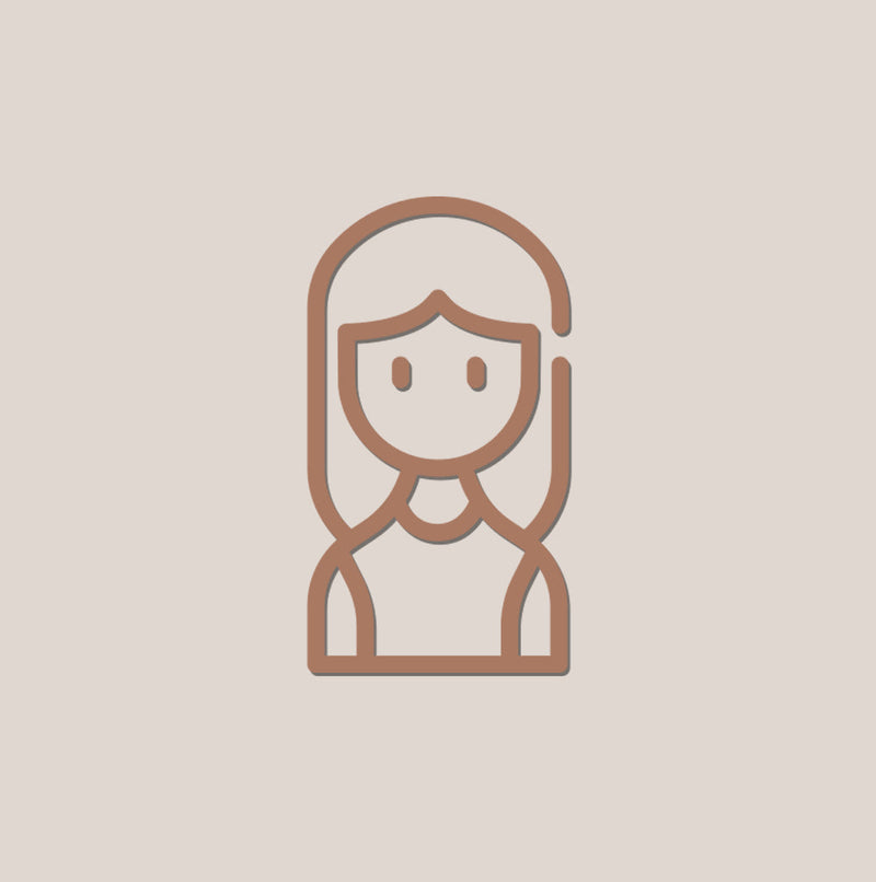 Simple line drawing of a woman with long hair, wearing a shirt, on a light beige background.