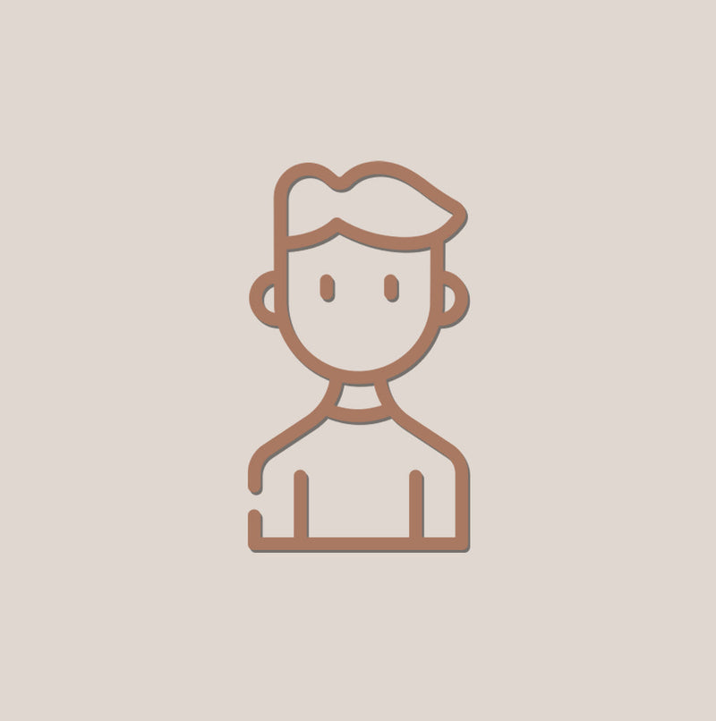 Simple line drawing of a person with short hair and a plain shirt on a beige background.