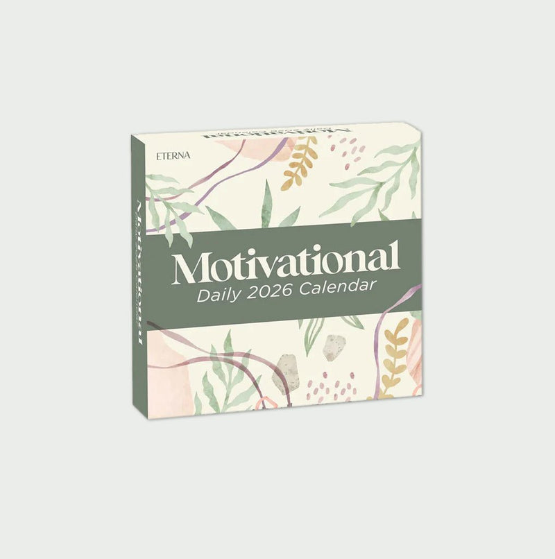 A box labeled "Motivational Daily 2026 Calendar" with a pastel botanical design and the brand name "Eterna" in the top left corner.