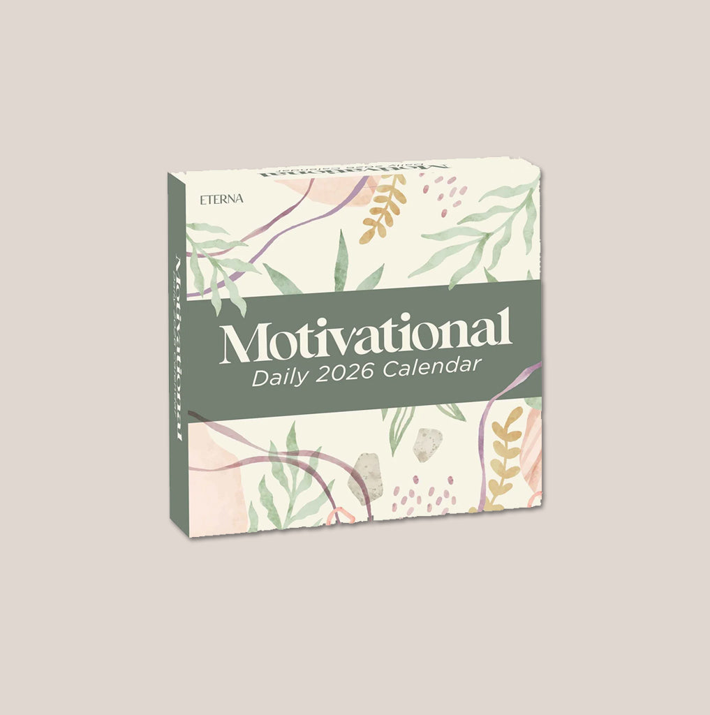 A box labeled "Motivational Daily 2026 Calendar" with a pastel botanical design and the brand name "Eterna" in the top left corner.