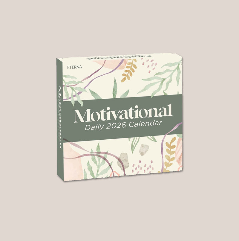 A box labeled "Motivational Daily 2026 Calendar" with a pastel botanical design and the brand name "Eterna" in the top left corner.
