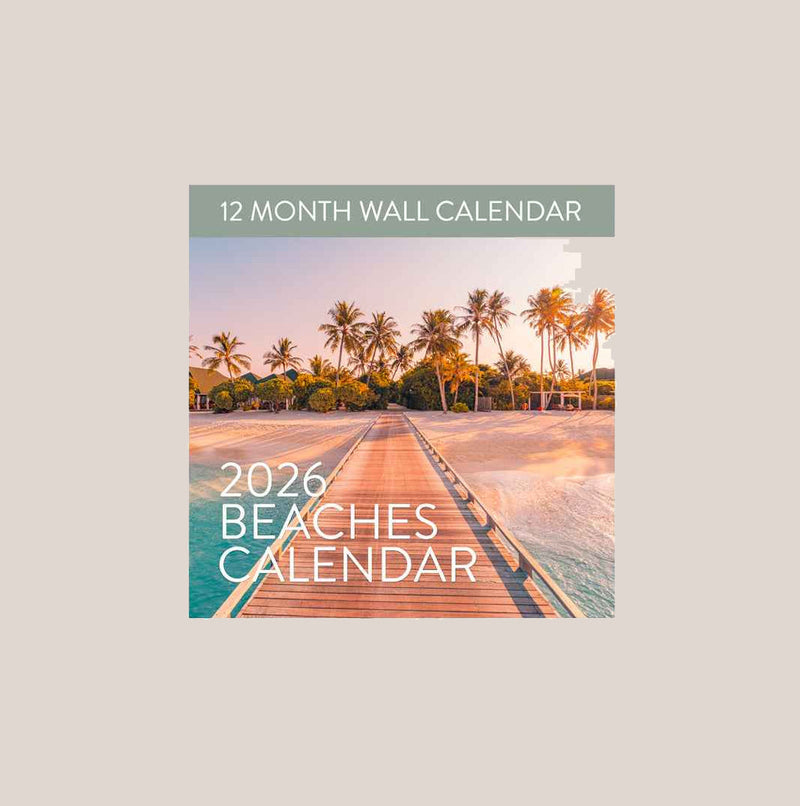 Cover of a 2026 Beaches Calendar featuring a wooden pier leading to palm trees on a sandy beach at sunset, with text reading "12 Month Wall Calendar" and "2026 Beaches Calendar.