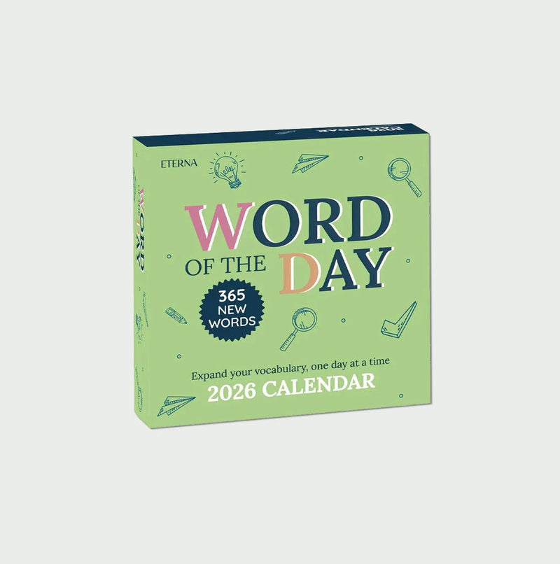 A 2026 desk calendar titled "Word of the Day" with the tagline "Expand your vocabulary, one day at a time" and "365 new words" printed on the cover.