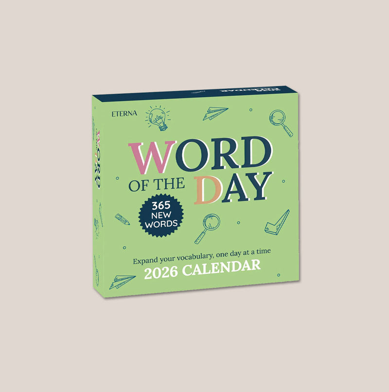 A 2026 desk calendar titled "Word of the Day" with the tagline "Expand your vocabulary, one day at a time" and "365 new words" printed on the cover.