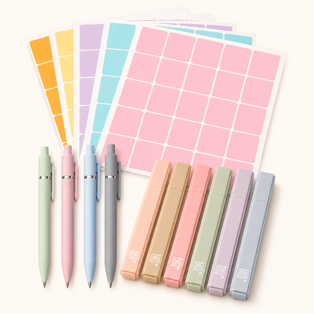 Assorted fine-tip pens and pastel highlighters from Eterna Goods are arranged next to sheets of colored square stickers in yellow, orange, blue, and pink—making the Planning Essentials Kit perfect for all your planning needs.