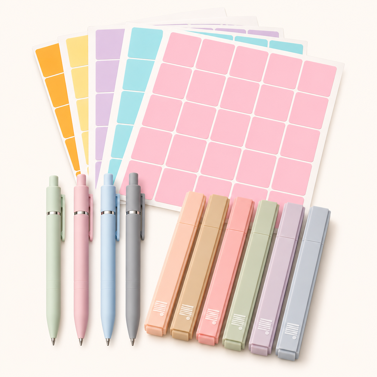 Assorted fine-tip pens and pastel highlighters from Eterna Goods are arranged next to sheets of colored square stickers in yellow, orange, blue, and pink—making the Planning Essentials Kit perfect for all your planning needs.