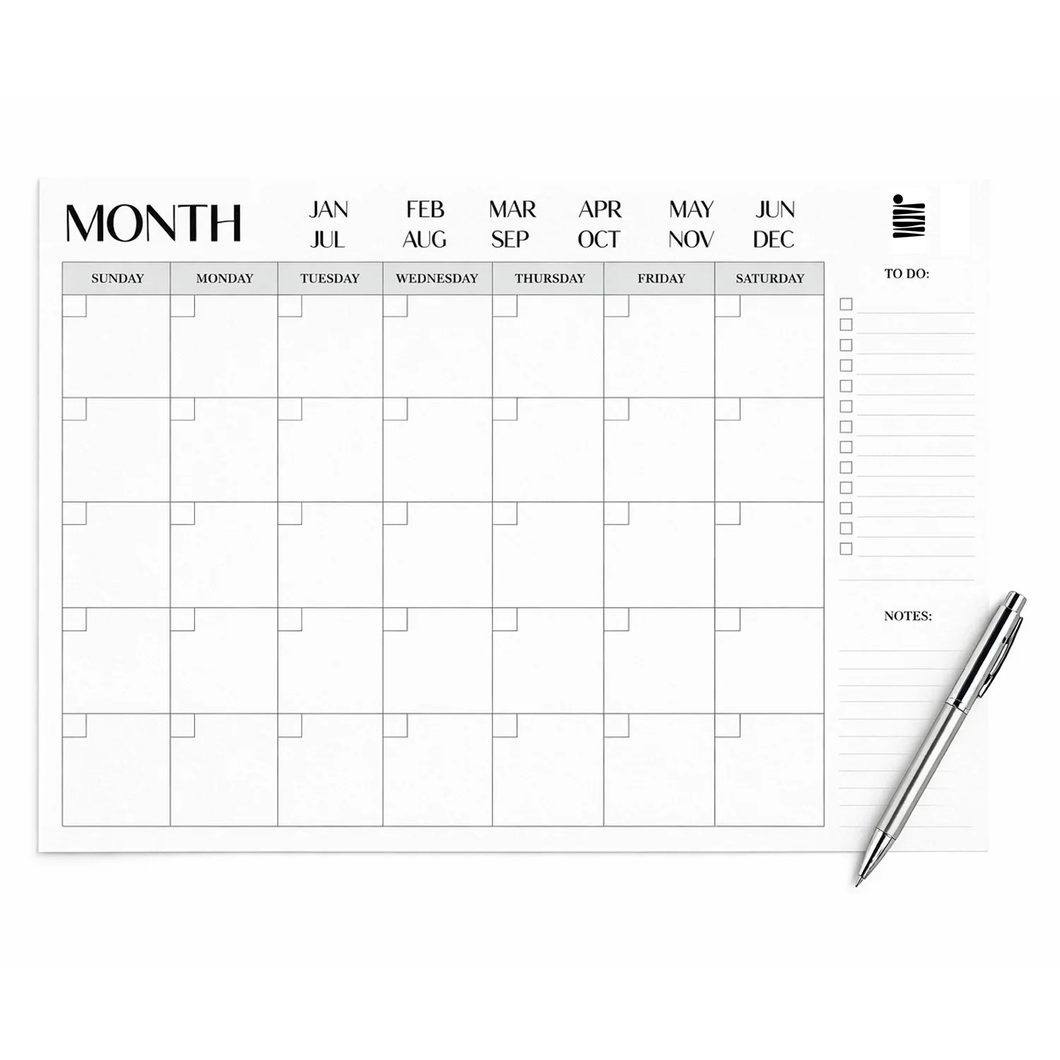 The Monthly Calendar - Printable File by Eterna Goods offers a minimalist design with empty date boxes, labeled weekdays, notes and to-do sections, plus a pen illustration. Ideal for organized planning as a digital download or printable.