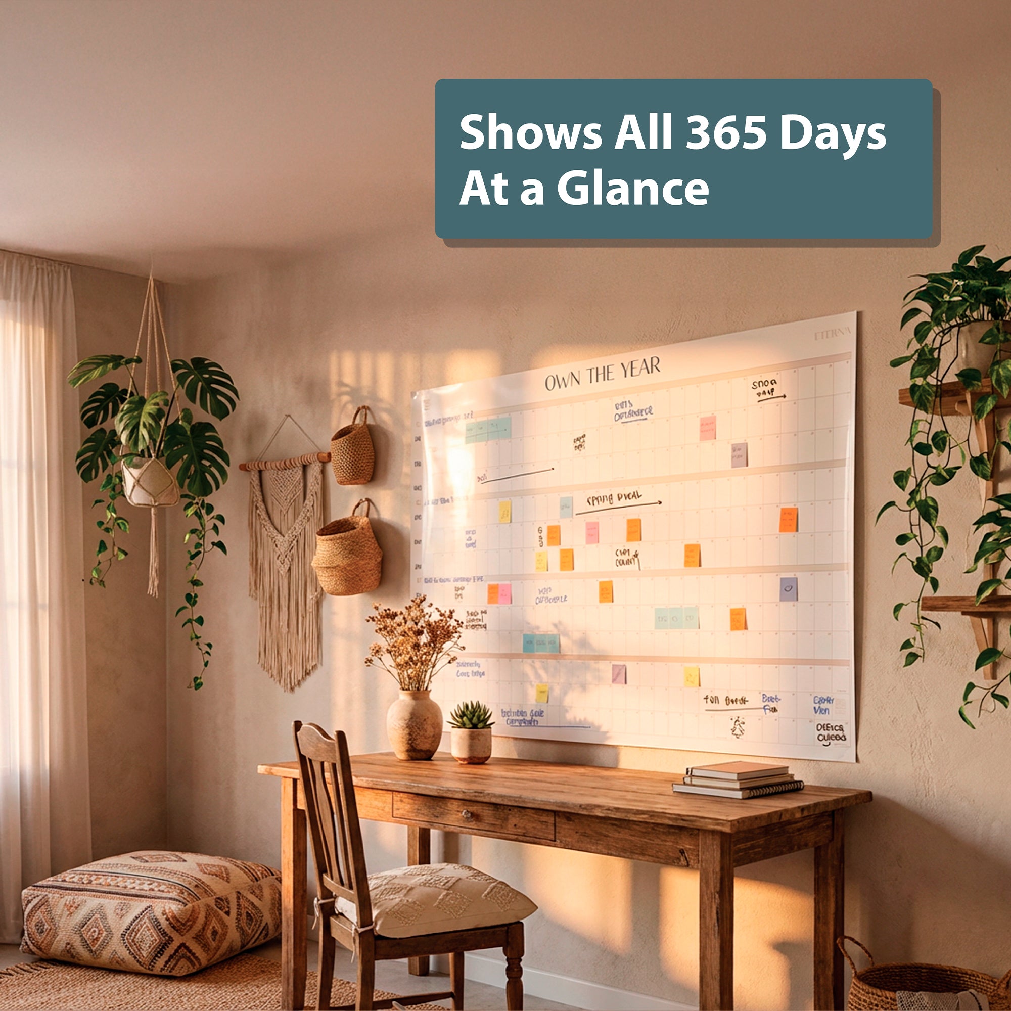 The Eterna Goods Own the Year UNDATED GIANT Dry Erase Wall Calendar (4ft x 3ft) hangs above a wooden desk in a cozy, plant-filled boho room, acting as both a yearly planner and a striking decorative accent.