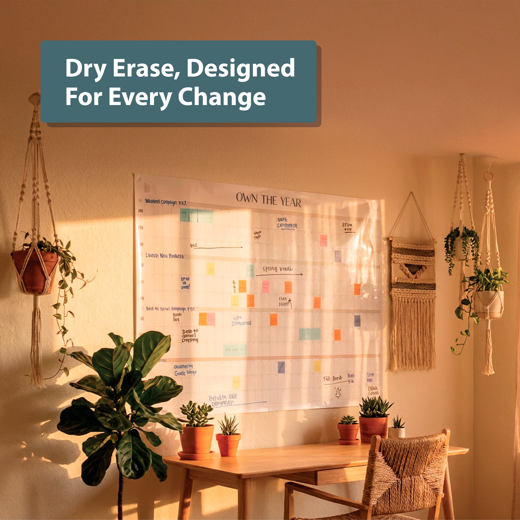 The Own the Year UNDATED GIANT Dry Erase Wall Calendar by Eterna Goods (4ft x 3ft) is shown above a wooden desk with potted plants and hanging decor in sunlight, featuring "Dry Erase, Designed For Every Change" at the top left.