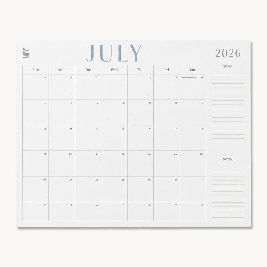 The Eterna Goods 2026-2027 18-Month Flat Desk Calendar (22"x17") features a blank July 2026 page with large note space and a right-side to-do list on a plain white background, perfect for desk use or monthly planning.