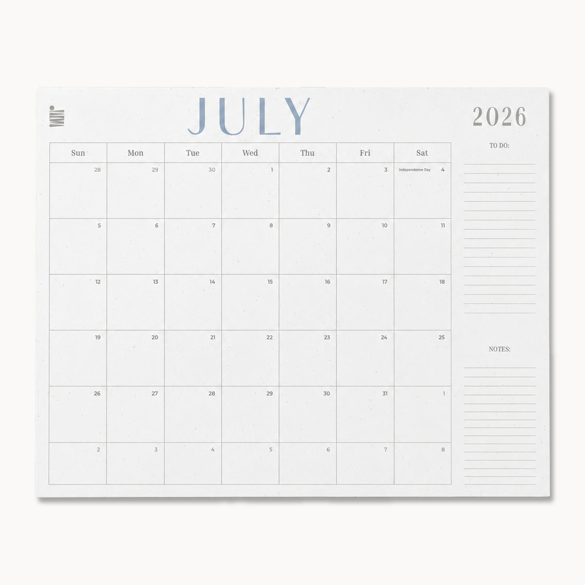 The Eterna Goods 2026-2027 18-Month Flat Desk Calendar (22"x17") features a blank July 2026 page with large note space and a right-side to-do list on a plain white background, perfect for desk use or monthly planning.