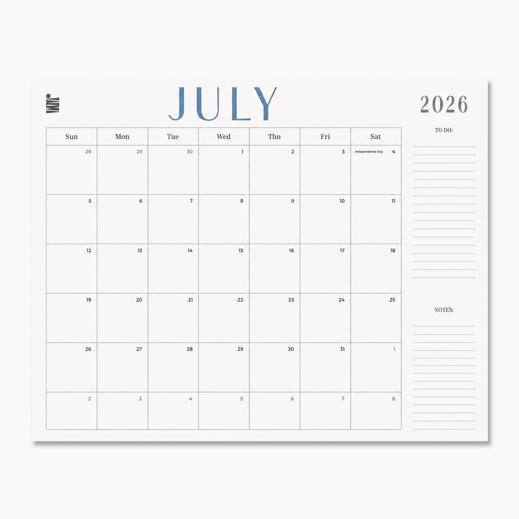 Introducing the Eterna Goods 2026-2027 18-Month Flat Desk Calendar (22″x17″): This July 2026 calendar page offers a clean layout with ample space for notes and a to-do list on the right side. Designed to lay flat, it features a Sunday-to-Saturday weekly format, making it an ideal tool for organizing your workspace.