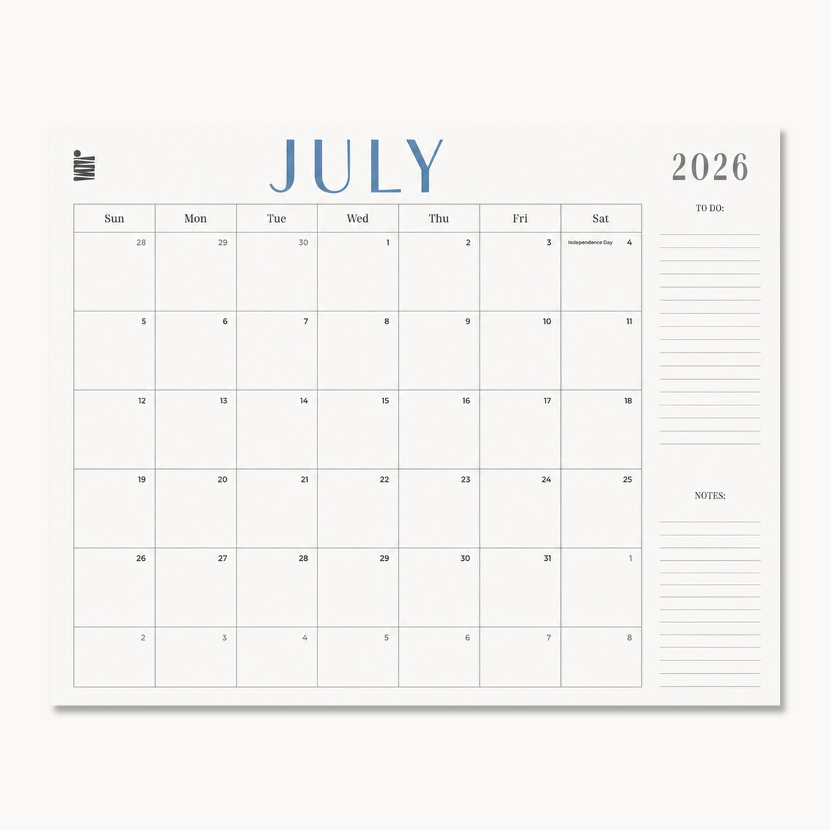 Introducing the Eterna Goods 2026-2027 18-Month Flat Desk Calendar (22″x17″): This July 2026 calendar page offers a clean layout with ample space for notes and a to-do list on the right side. Designed to lay flat, it features a Sunday-to-Saturday weekly format, making it an ideal tool for organizing your workspace.