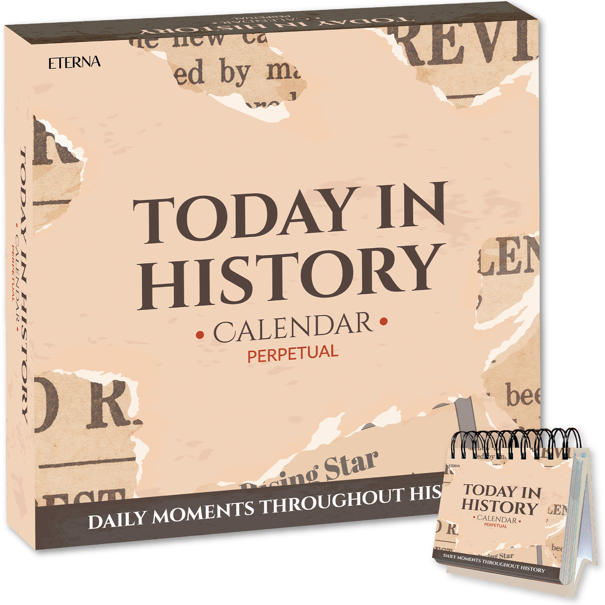 A box and compact spiral "Today In History Perpetual Calendar" by Eterna Goods, featuring a torn newspaper print design and the subtitle "Daily Moments Throughout History.