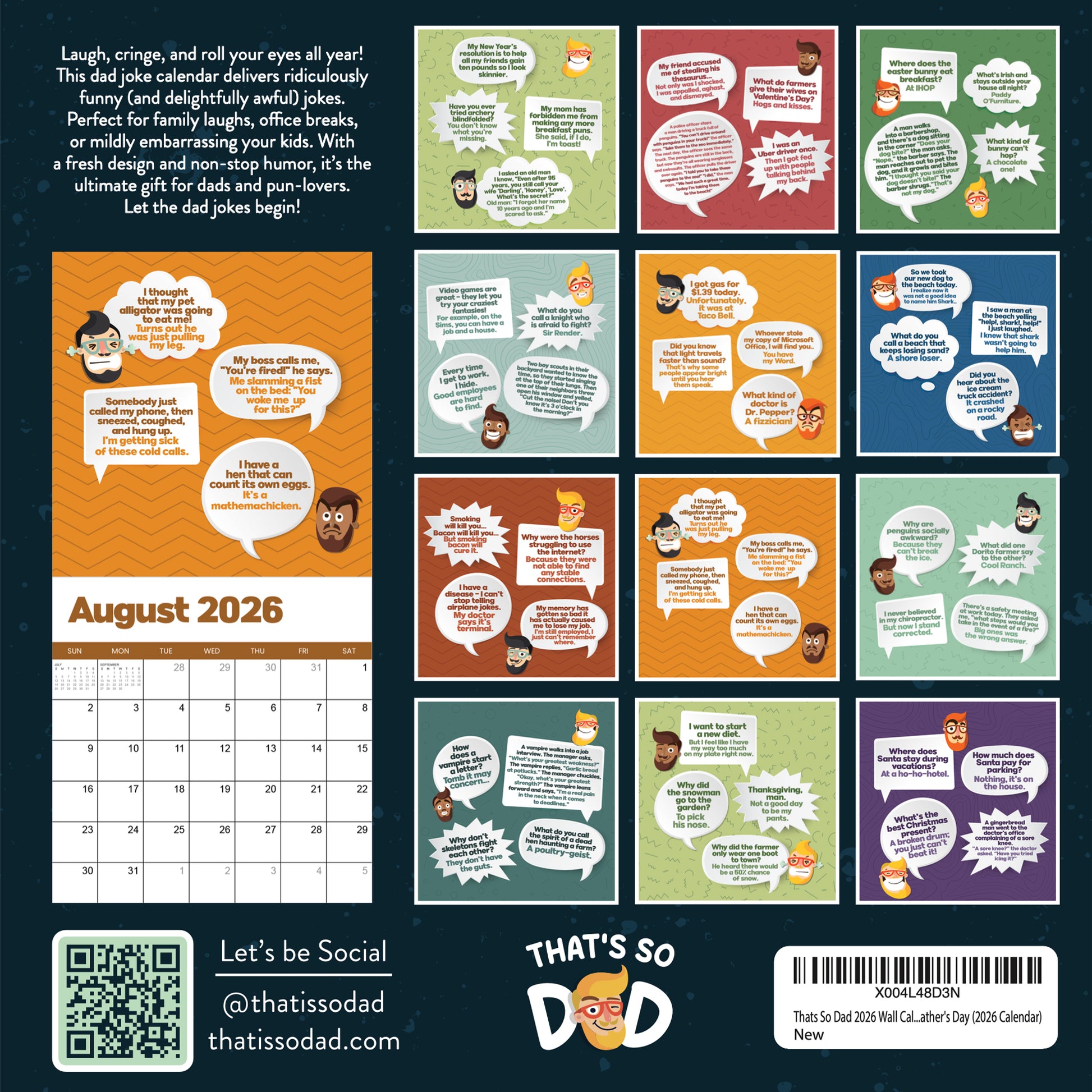 The 2026 Dad Joke Wall Calendar by That Is So Dad displays August with a QR code and twelve illustrated panels of faces and dad jokes in speech bubbles, all set on colorful backgrounds.