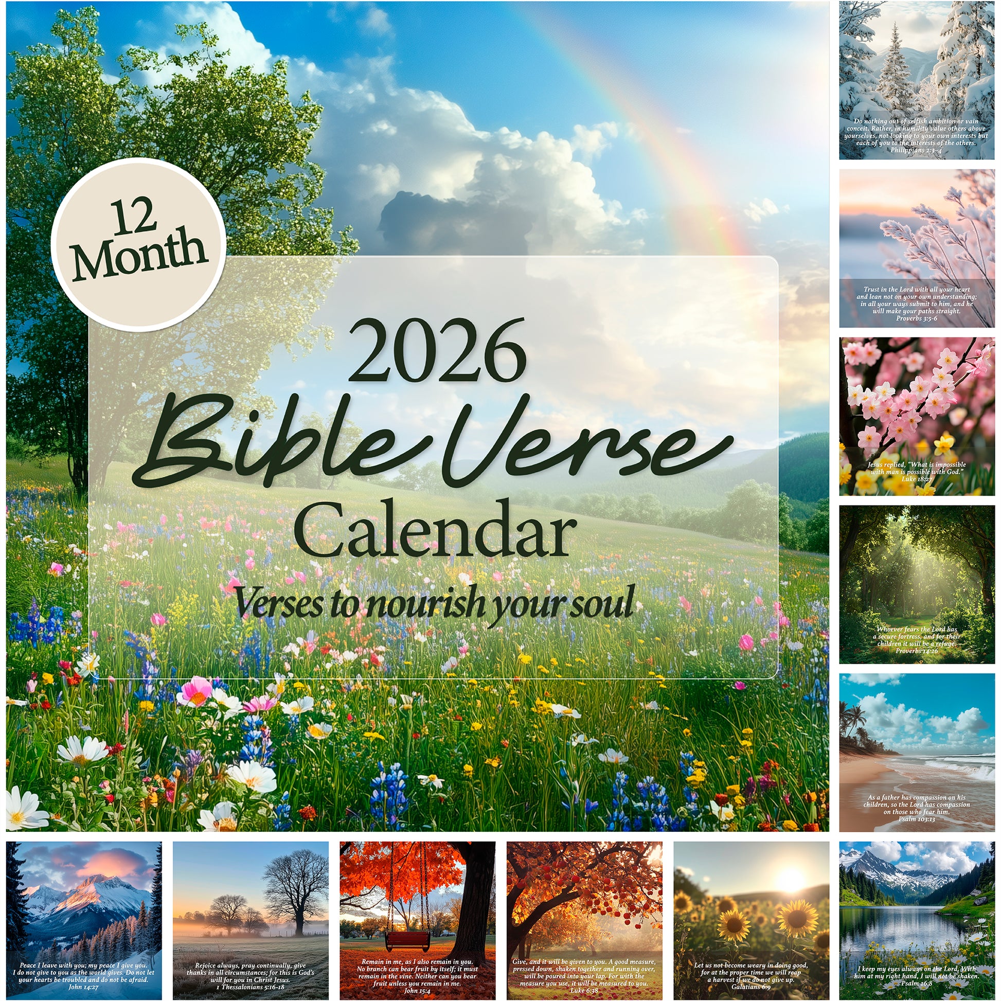 The Hannah Faith 2026 Bible Verse Wall Calendar features a cover with a rainbow over wildflowers, plus seasonal scenic photos inside—each paired with an inspiring Bible verse.