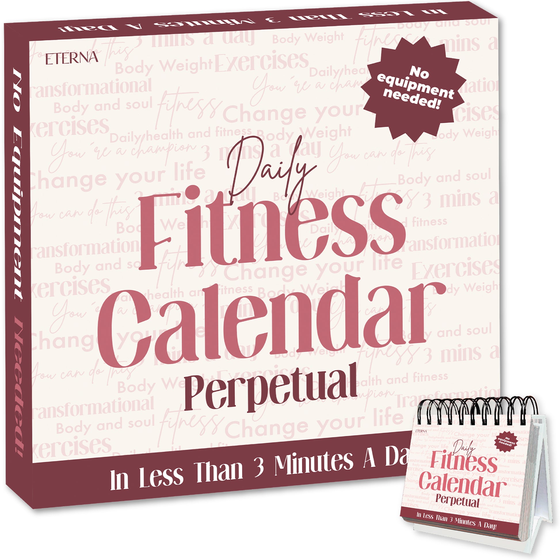 The Perpetual Fitness Calendar by Eterna Goods is a compact, spiral-bound boxed set that features daily 3-minute, no-equipment workouts.