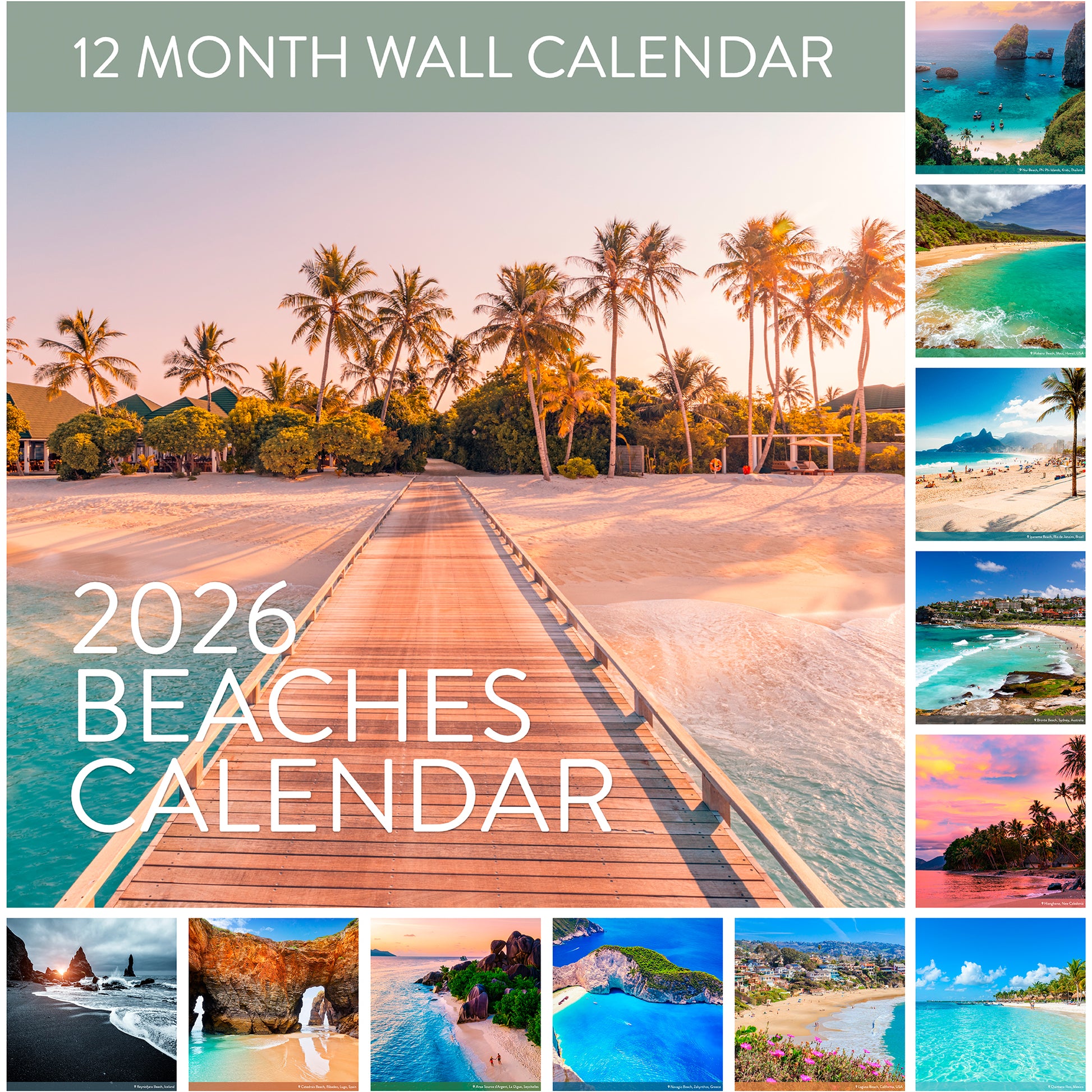The 2026 Beaches Wall Calendar by Eterna Goods features a cover with a wooden boardwalk to a tropical beach, framed by beautiful beach landscape images.