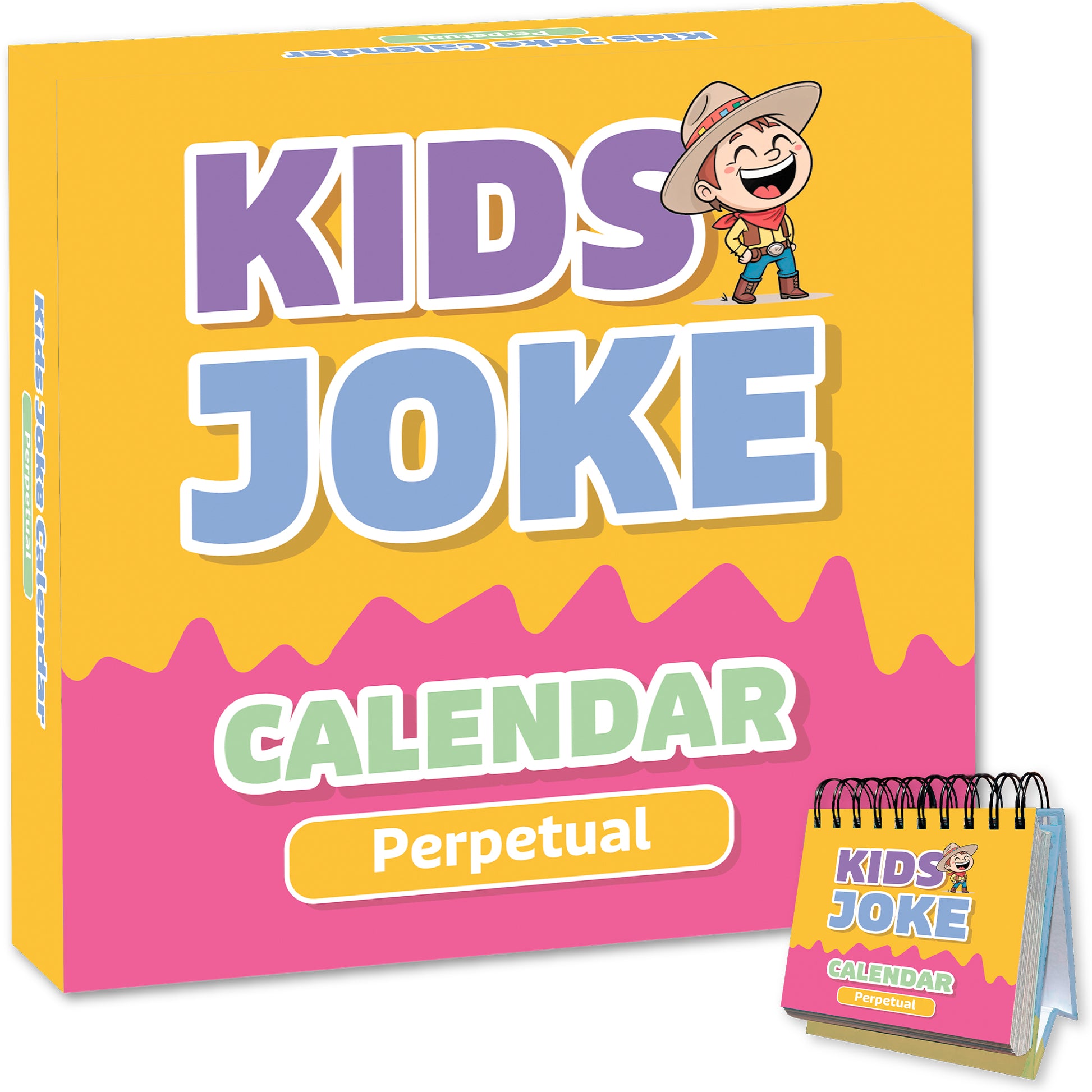 A yellow and pink "Perpetual Kids Jokes Calendar" by Charlie's Treasures features a laughing cartoon child; a small spiral-bound calendar appears in the corner.