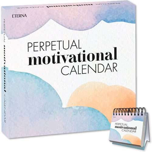 The Motivational Perpetual Calendar by Eterna Goods features a pastel abstract design and includes a compact spiral-bound calendar in a stylish box set.