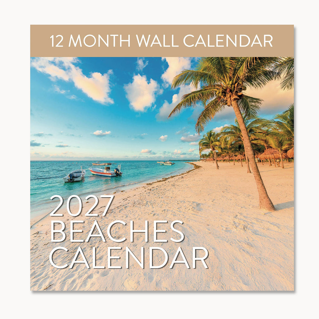 Cover of the 2027 Beaches Wall Calendar by Eterna Goods, showcasing breathtaking beach photography with palm trees, boats on vibrant blue water, pristine white sand, and a partly cloudy sky. The text reads "12 Month Wall Calendar" and "2027 Beaches Wall Calendar.
