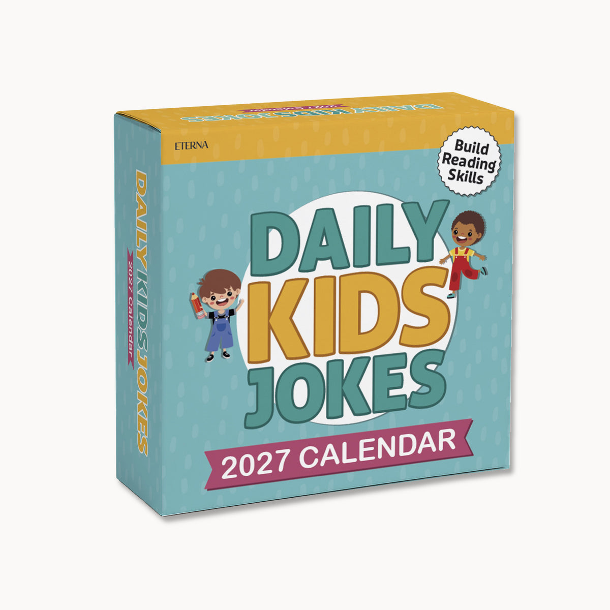 Box of “2026 Kids Jokes Calendar” by Charlie’s Treasures, featuring cartoon children and a “Build Reading Skills” badge on the cover—this kid-friendly joke calendar makes the perfect addition to your collection of fun kids gifts.