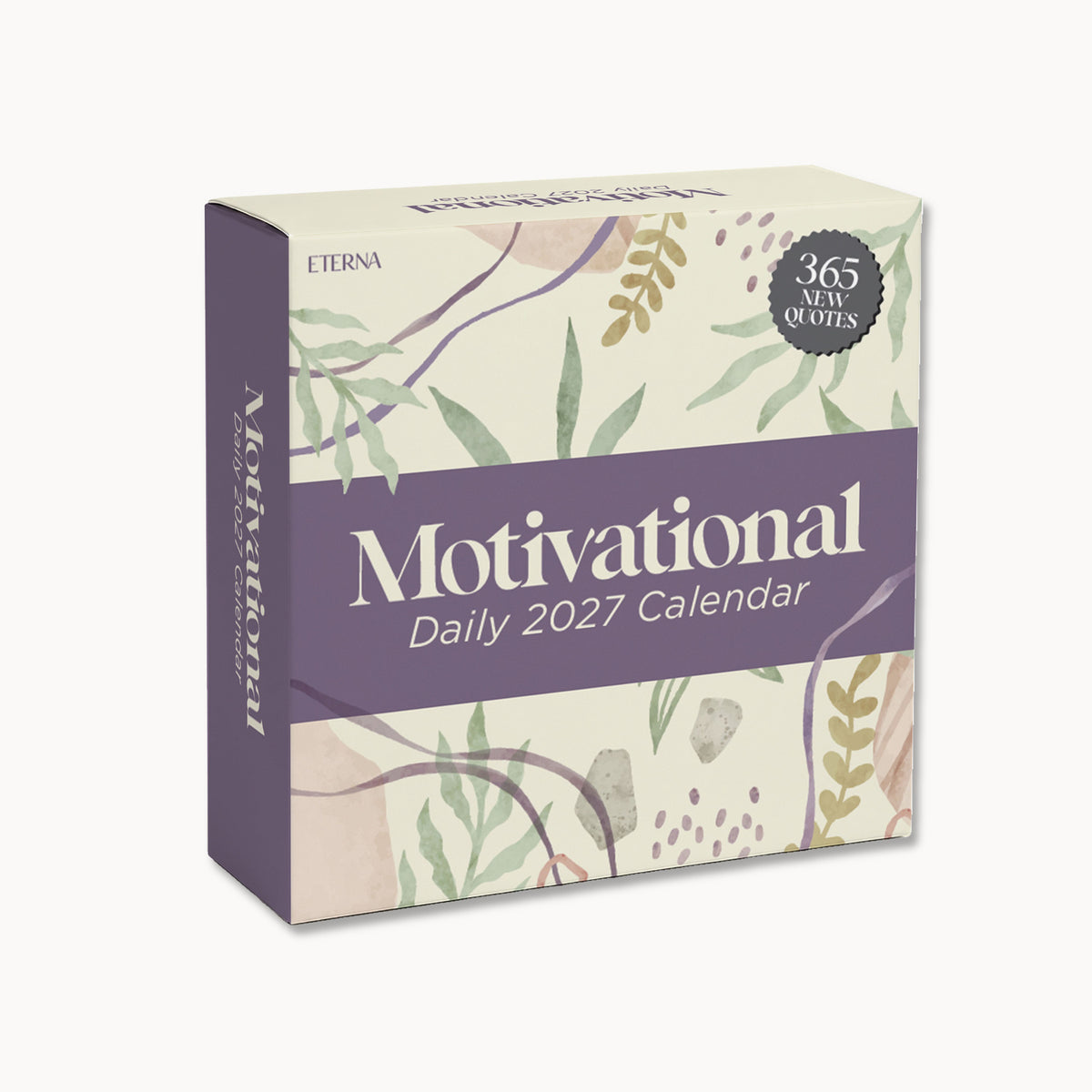 Box of the "2026 Motivational Calendar" by Eterna Goods featuring a decorative pastel plant design and text highlighting 365 daily inspirational quotes. This tear-off calendar makes the perfect motivational desk accessory for your workspace.