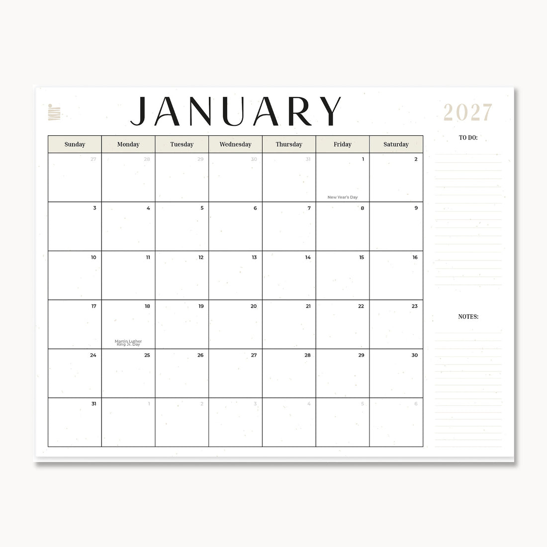 2027 12-Month Flat Desk Calendar showing the blank January page with to-do and notes column