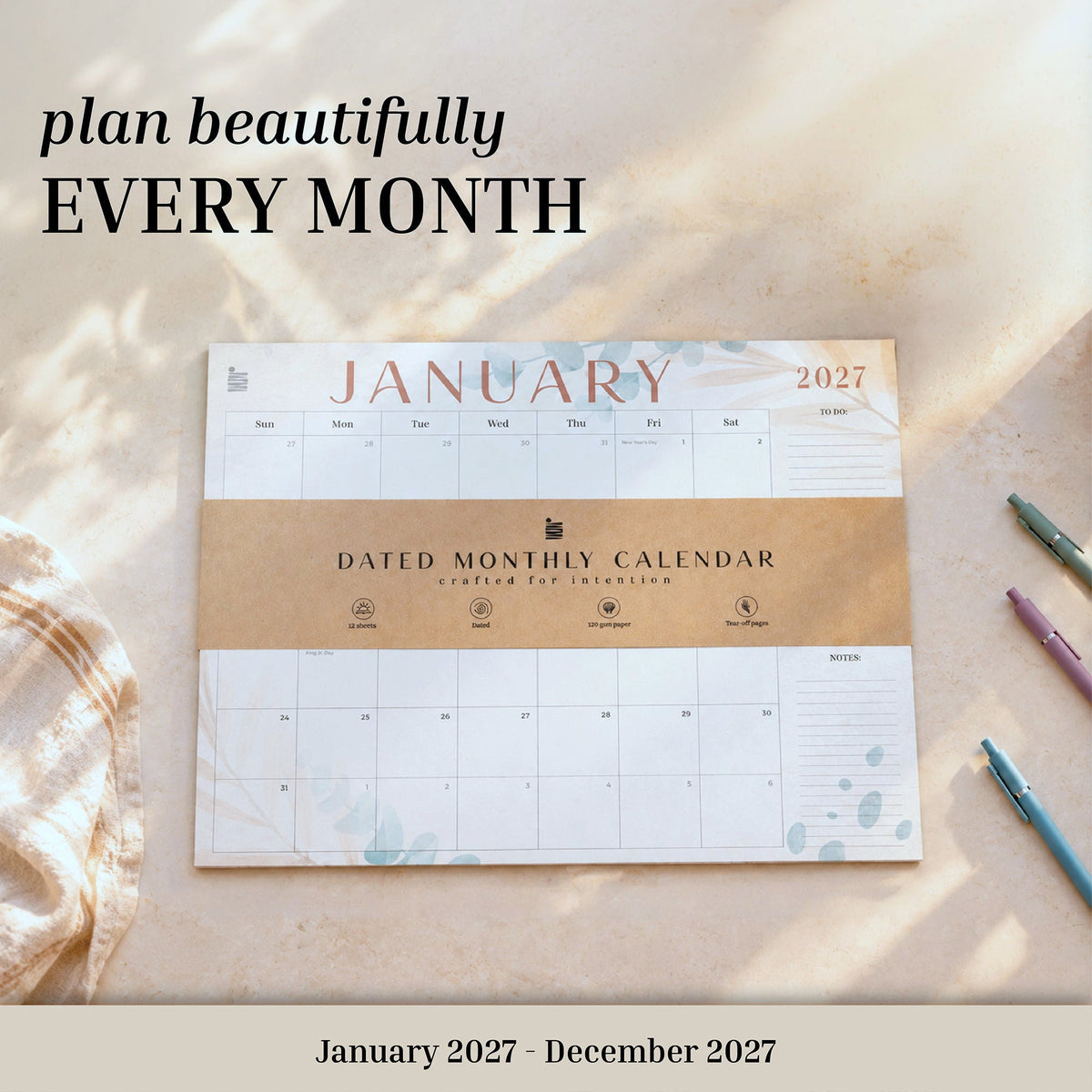 2027 Floral flat desk calendar with kraft band, labeled January 2027 to December 2027