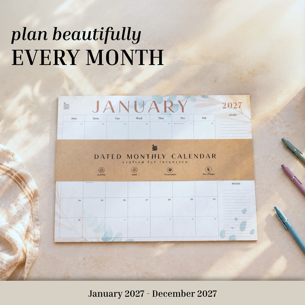 2027 Floral flat desk calendar with kraft band, labeled January 2027 to December 2027