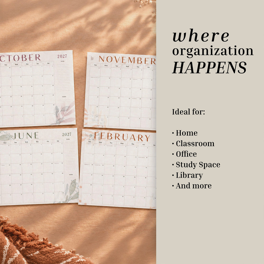 October, November, June and February pages of the 2027 Floral flat desk calendar with ideal-use list