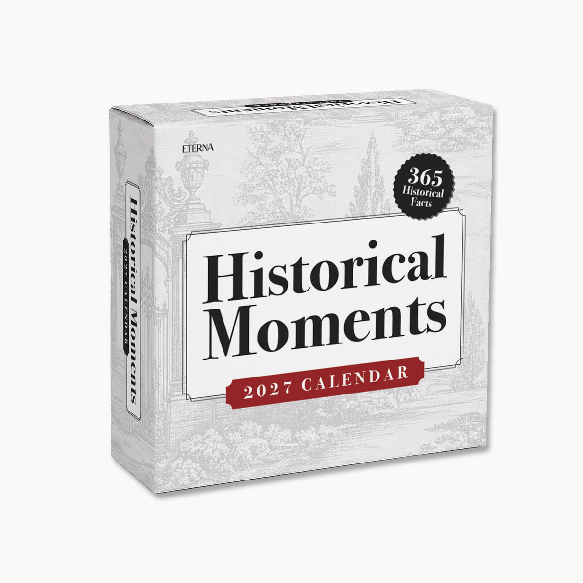 The "2027 Historical Facts Calendar" by Eterna Goods is an inspirational desk calendar featuring 365 historical facts, convenient tear-off pages, and a grayscale background illustration.