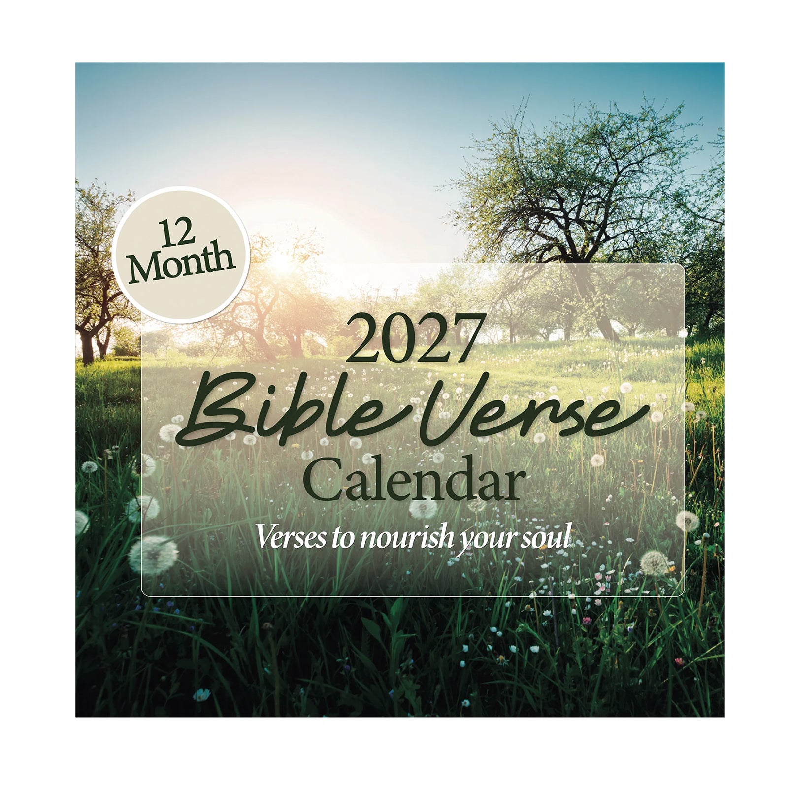 The 2027 Bible Verse Wall Calendar by Hannah Faith features a cover with a sunlit meadow and trees in the background. The front displays key text: "12 Month," "Christian Calendar," and "Verses to nourish your soul." This beautiful calendar filled with religious quotes is thoughtfully designed to inspire you throughout the year.