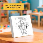 Charlie's Treasures Kids Coloring Calendar—February 1 features a cartoon wizard coloring page displayed in a playroom. Text above: "365 coloring pages, the perfect gift!" A mindful activity and daily reflection calendar for kids' creative fun.